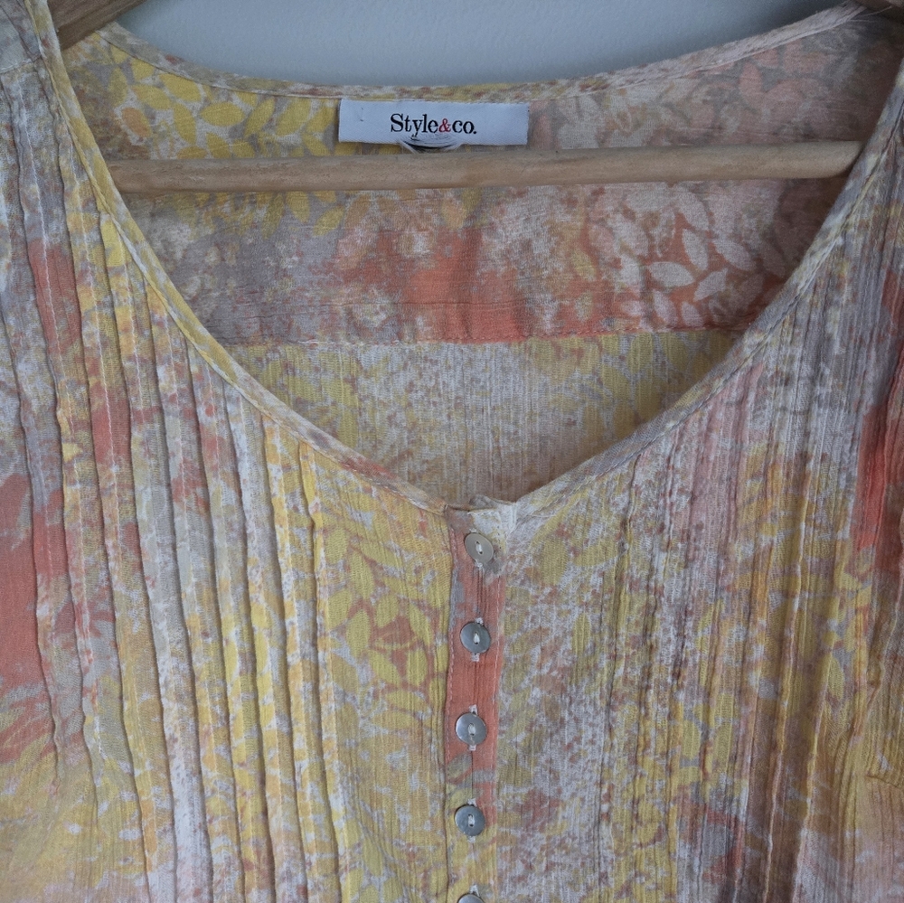 Vintage STYLE & CO. Orange and Yellow Flutter Sleeve Lightweight Blouse - Picture 2 of 8